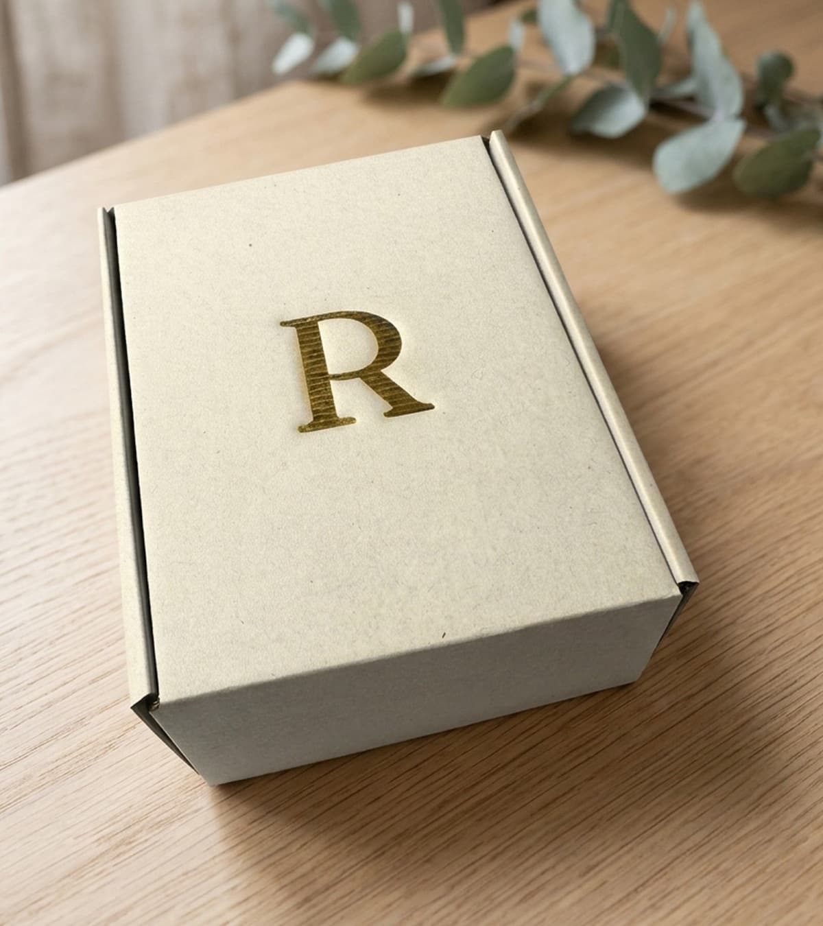 Rhealiz box, probiotic and prebiotic made in France, gold R monogram, on an oak table