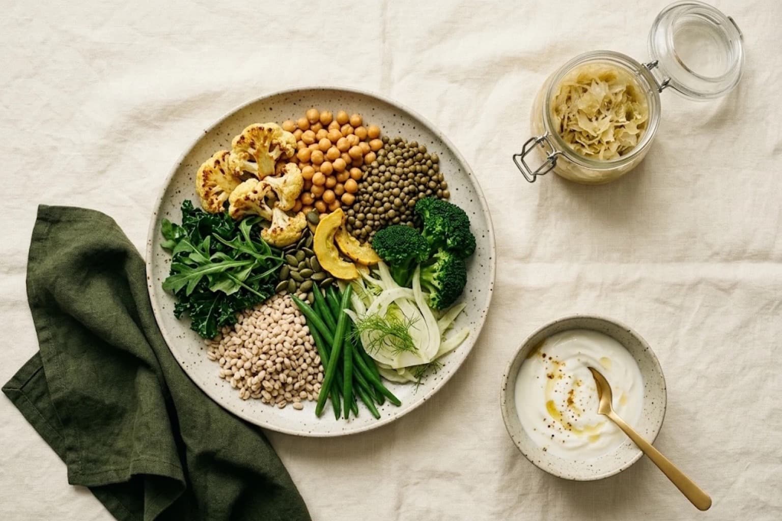 Une assiette de chou-fleur rôti, pois chiches, lentilles, brocoli, fenouil, haricots verts et orge, avec un bocal de choucroute et un bol de yaourt