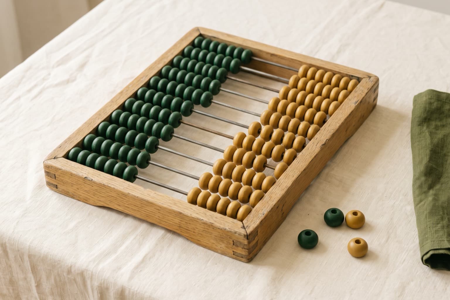 Un boulier ancien en bois sur une nappe de lin, chaque rangée à moitié verte, à moitié or