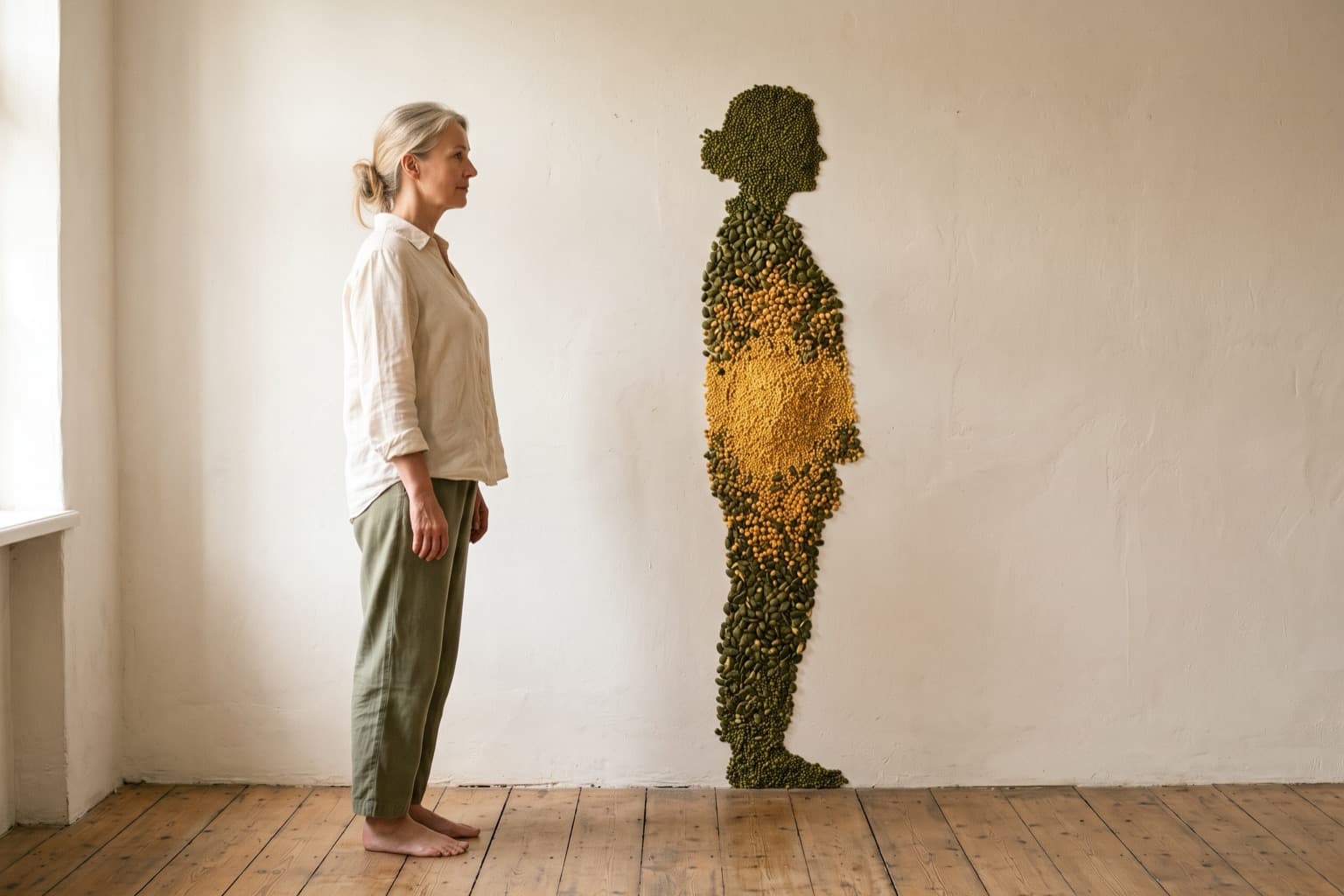 Une femme pieds nus face à sa propre silhouette, faite de lentilles vertes et de pois chiches dorés, sur un mur crème