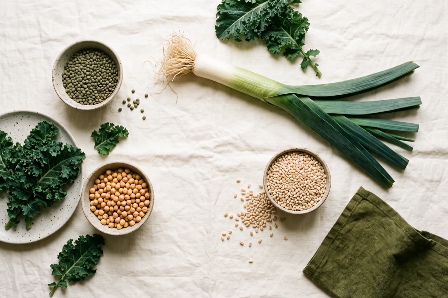 Sur une nappe de lin, des bols de lentilles, pois chiches et orge, un poireau entier et des feuilles de chou kale