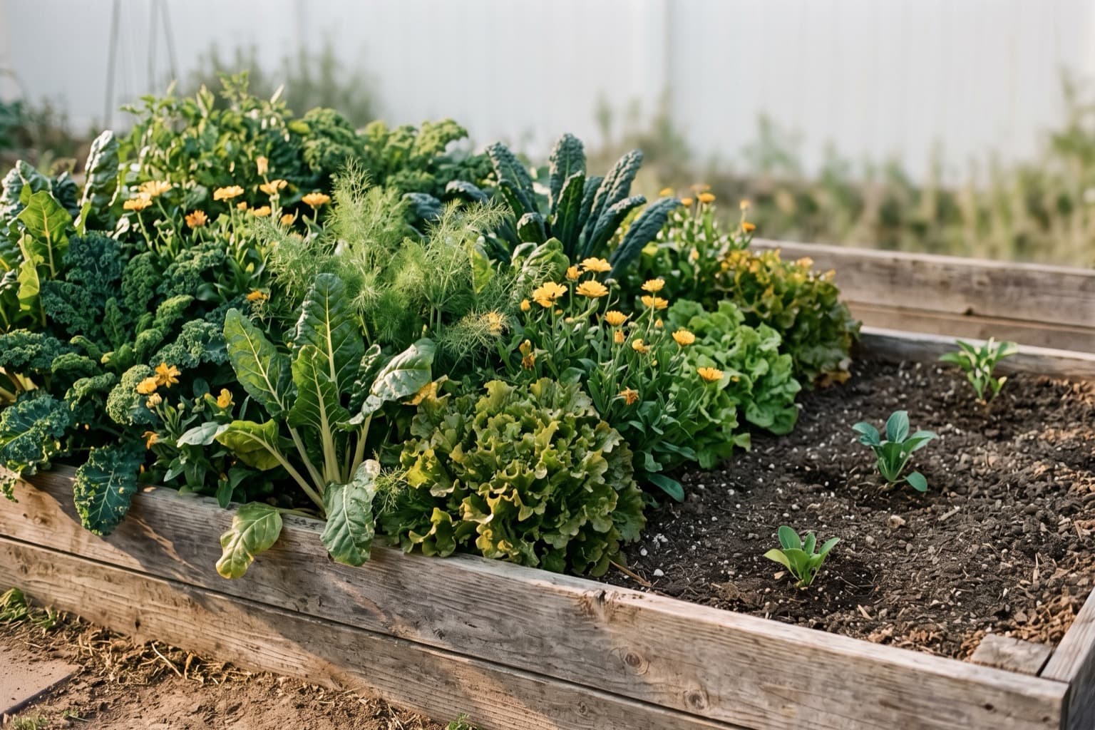 Un carré potager en bois, foisonnant d’un côté, presque nu de l’autre