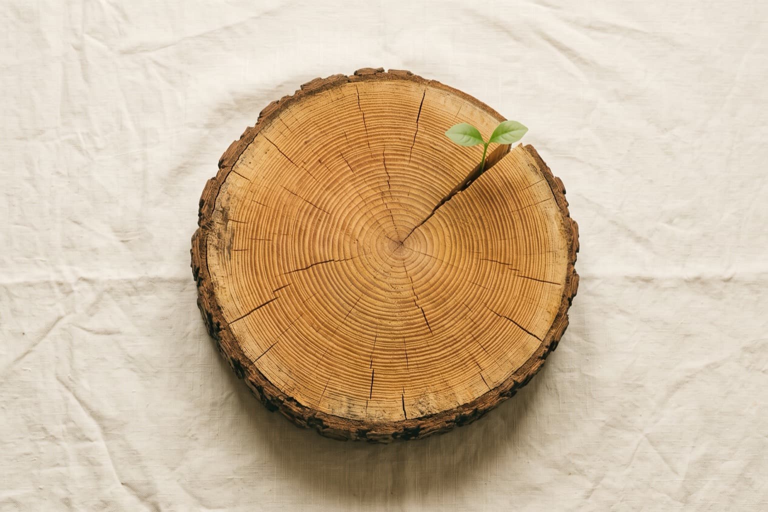 Une rondelle de tronc d’arbre aux cernes serrés, d’où sort une jeune pousse verte