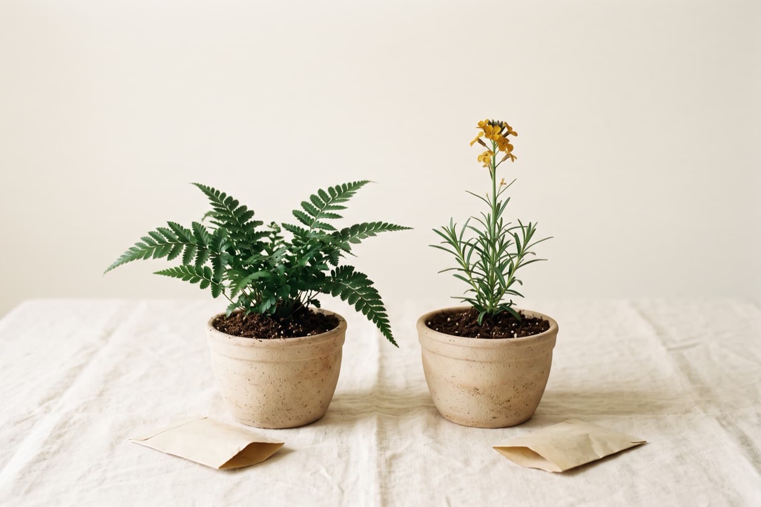 Deux pots en terre cuite identiques, le même sachet de graines, une fougère d’un côté et une plante à fleurs or de l’autre