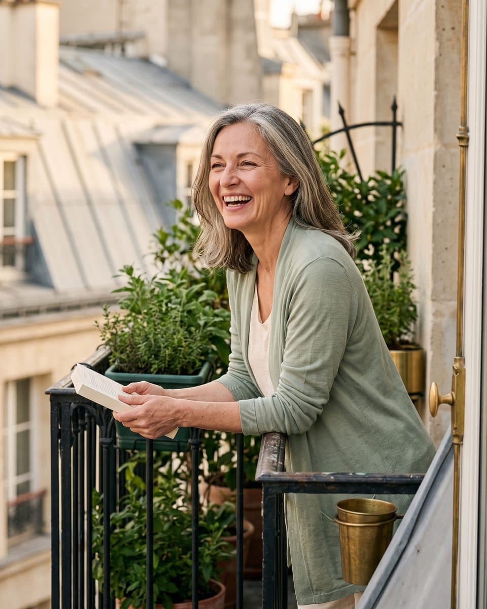 A grey-haired woman in her fifties laughs on a Paris balcony, a book in her hand