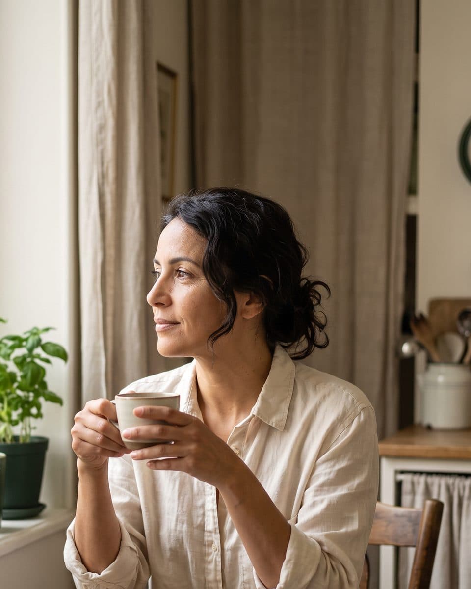 A woman in her forties holds a cup and looks out of her kitchen window in the morning