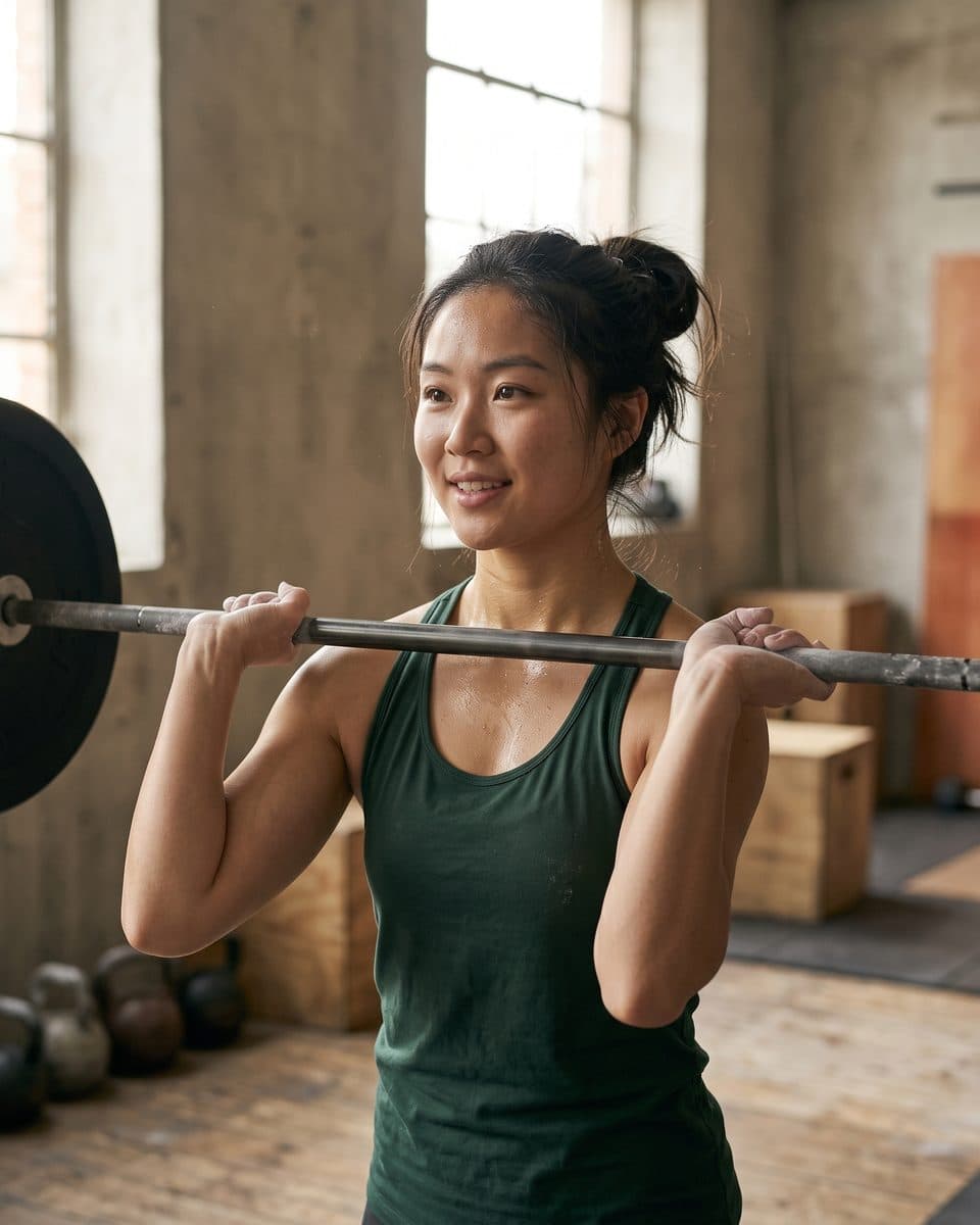 A woman in her thirties lifts a loaded bar in a daylit training room