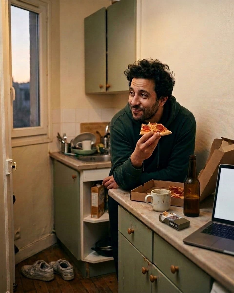 A man in his thirties eats a slice of pizza standing in his untidy kitchen, a cup of coffee, a beer and a pack of cigarettes on the counter