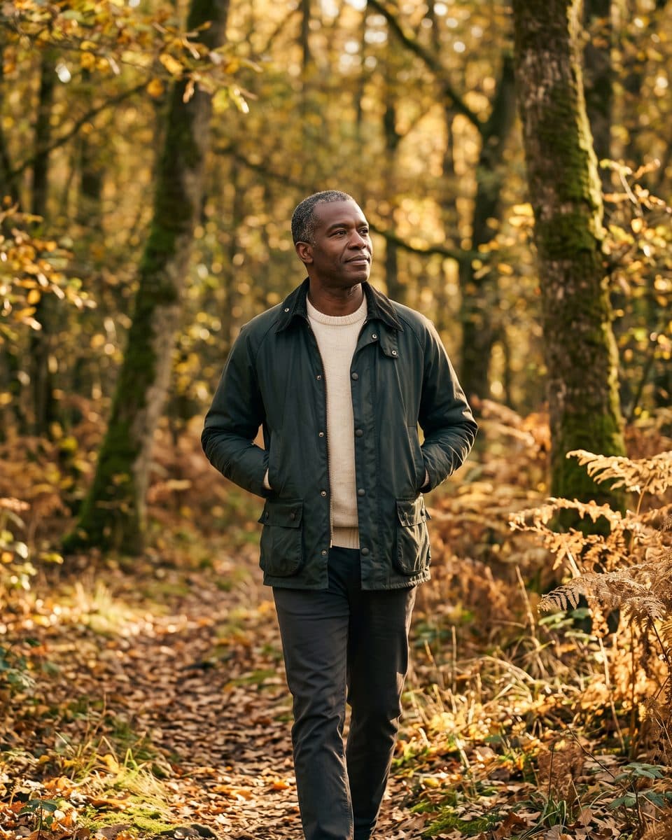 A man in his fifties walks a forest path in autumn, face turned to the light